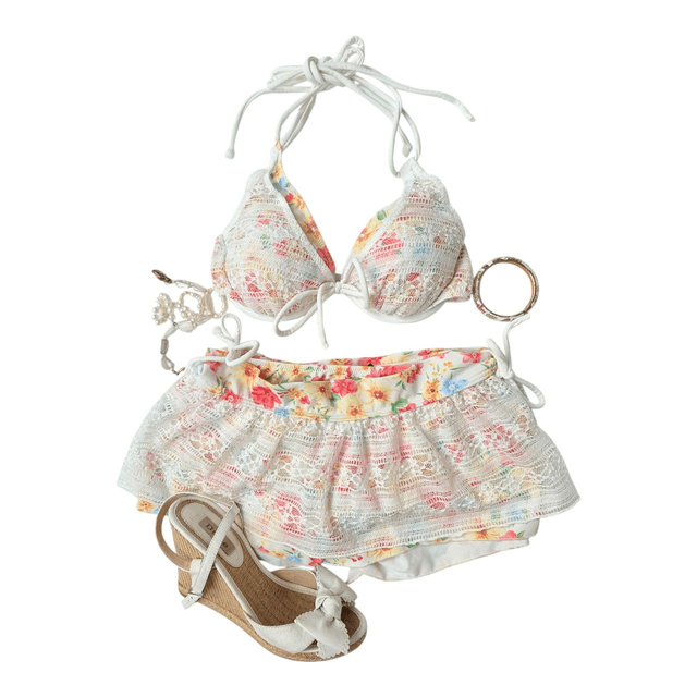 Floral lace japanese 3 piece bikini set  (1)
