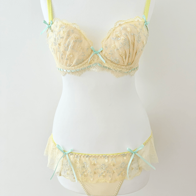 coquette floral garden butter yellow and blue bow embroidered bra and underwear set UK 32A, UK 32D 