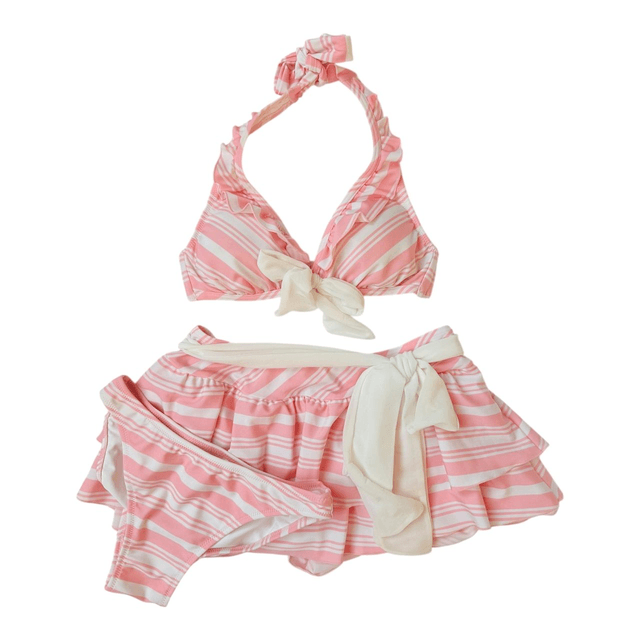 Pink striped ruffle japanese 3 piece bikini set 