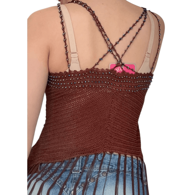 BNWT y2k INSANE brown knitted cami with ribbon fringe detail 