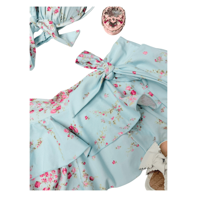 coquette blue and pink floral polka dot japanese 3 piece bikini set 