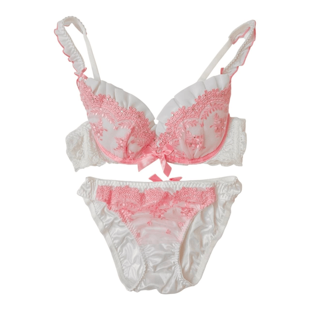 White and pink floral embroidered Japanese Bra + Underwear Set UK 32B  