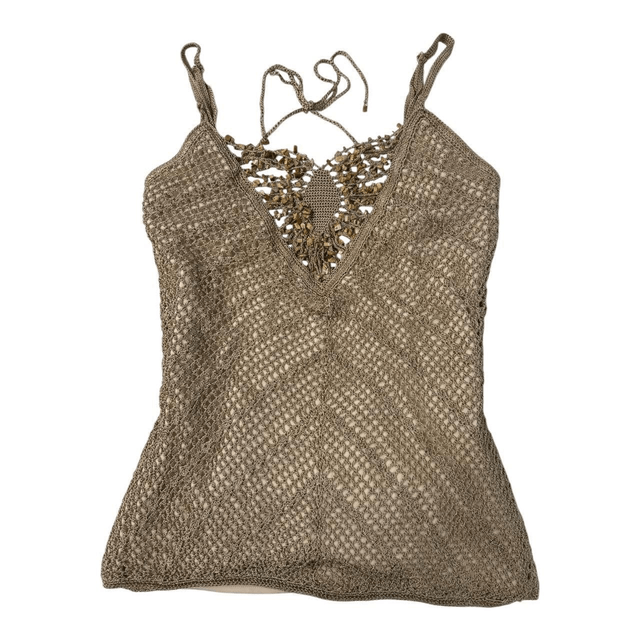 y2k brown crochet and cotton lined cami with beading and stones 