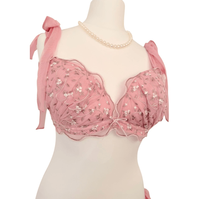 Pink Floral Embroidered Japanese Bra + Underwear Set UK 34C 