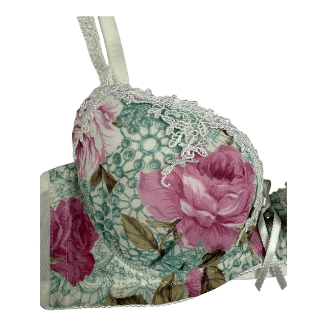 Mint Green + Pink Floral Japanese Bra UK 30A