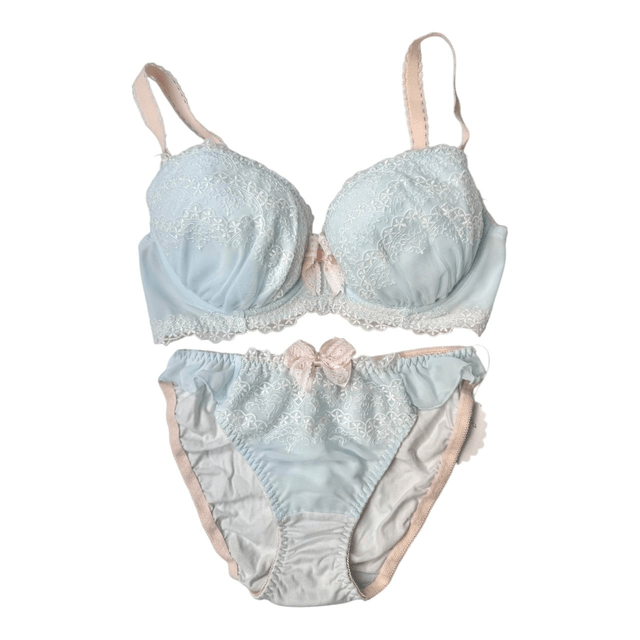 Light blue Floral Japanese Bra + Underwear Set UK 32DD  