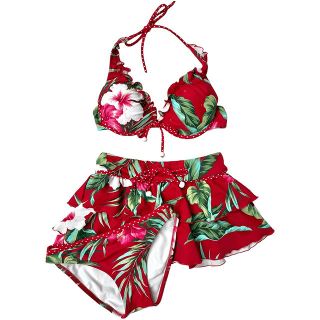 coquette red floral polka dot japanese 3 piece bikini set