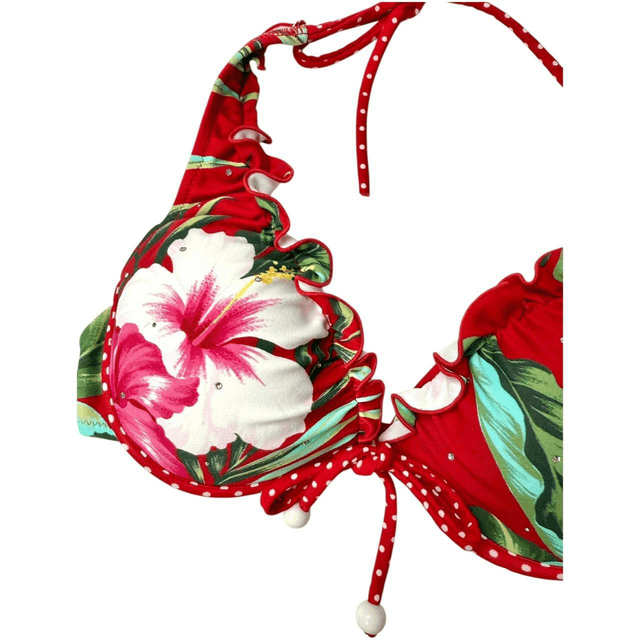coquette red floral polka dot japanese 3 piece bikini set