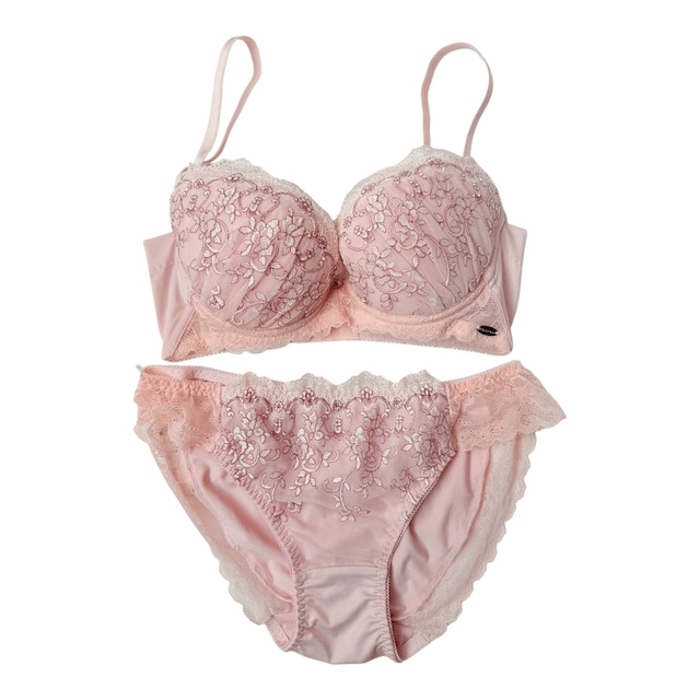 Pink floral embroidered Japanese Bra + Underwear Set UK 30B    