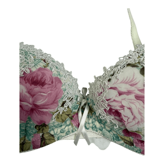 Mint Green + Pink Floral Japanese Bra UK 30A