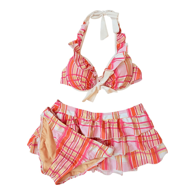 Pink and orange plaid japanese 3 piece bikini set  