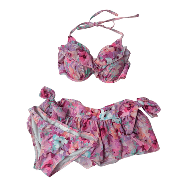 coquette purple floral  japanese 3 piece bikini set 