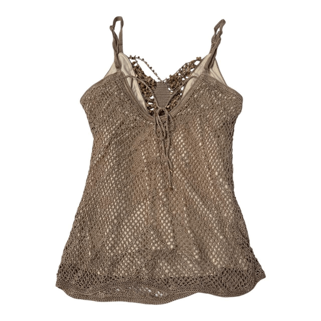 y2k brown crochet and cotton lined cami with beading and stones 