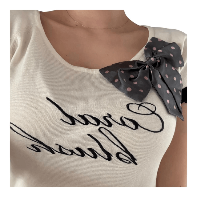 Japanese brand coquette white and black spell out tee with bow details S/M