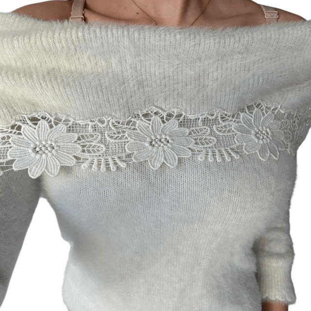 Japanese Brand Coquette White Fluffy Over-The-Shoulder Top 