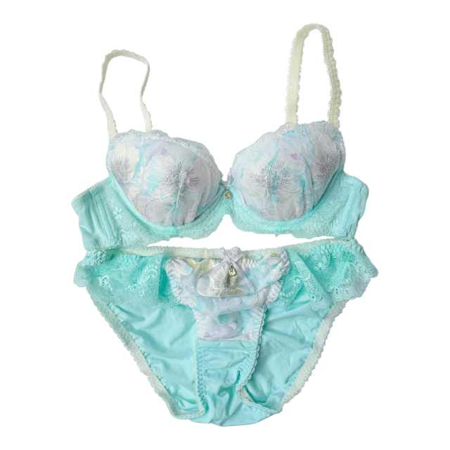 Blue + purple embroidered Japanese Bra + Underwear Set UK 32A      