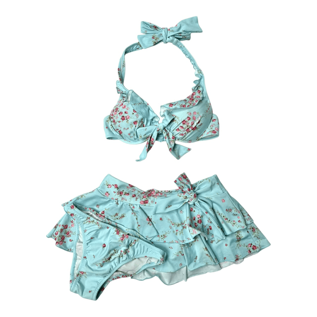 coquette blue and pink floral polka dot japanese 3 piece bikini set 