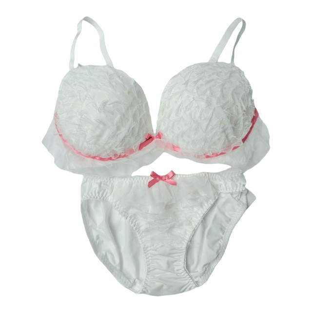 white fluffy and pink ribbon Japanese Bra + Underwear Set UK 34DD   