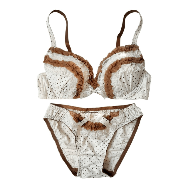 brown and white polka dot bra and underwear set UK 32C