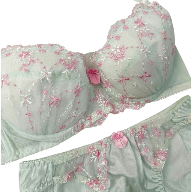 Pink + Mint Green Fairy Japanese Bra + Underwear Set UK 36C