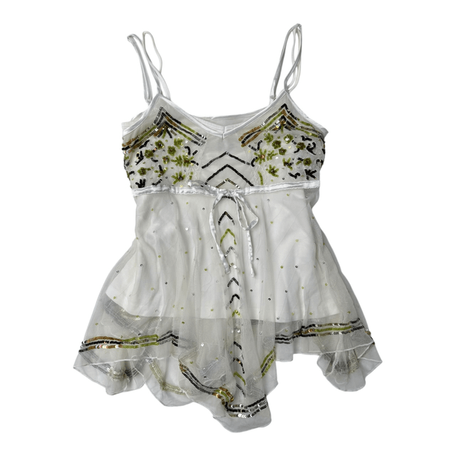 y2k white and green beaded fairy asymmetrical hem top