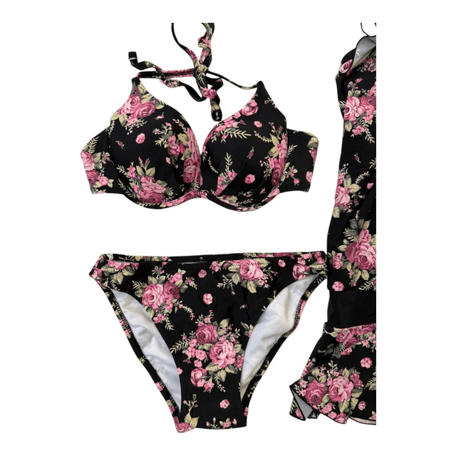 Black floral japanese 4 piece bikini set 