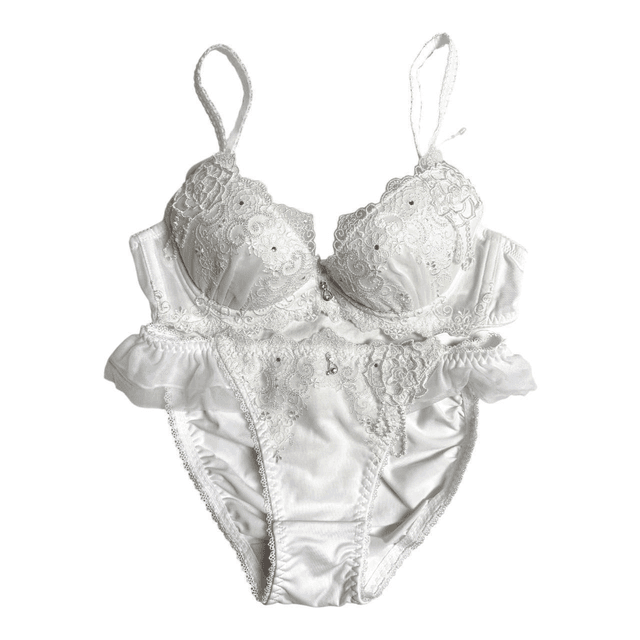 White Floral Embroidered Japanese Bra + Underwear Set UK 32A