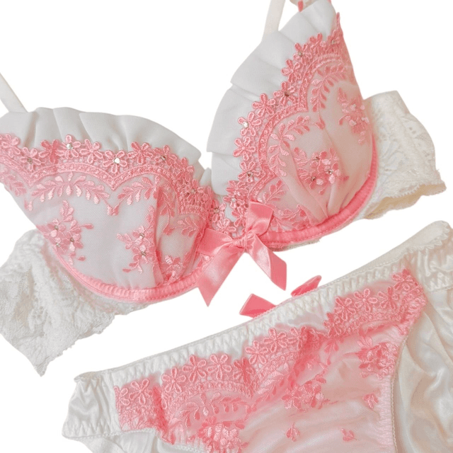 White and pink floral embroidered Japanese Bra + Underwear Set UK 32B  
