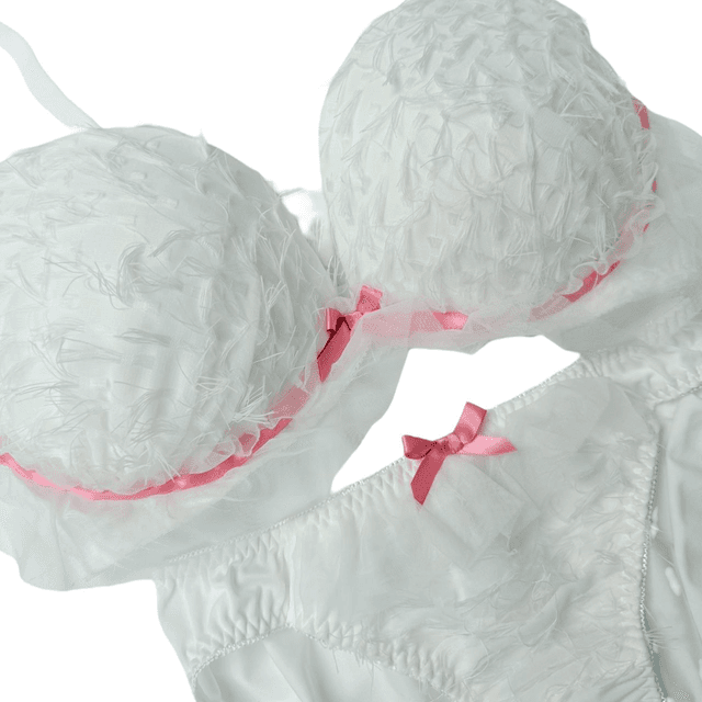 white fluffy and pink ribbon Japanese Bra + Underwear Set UK 34DD   