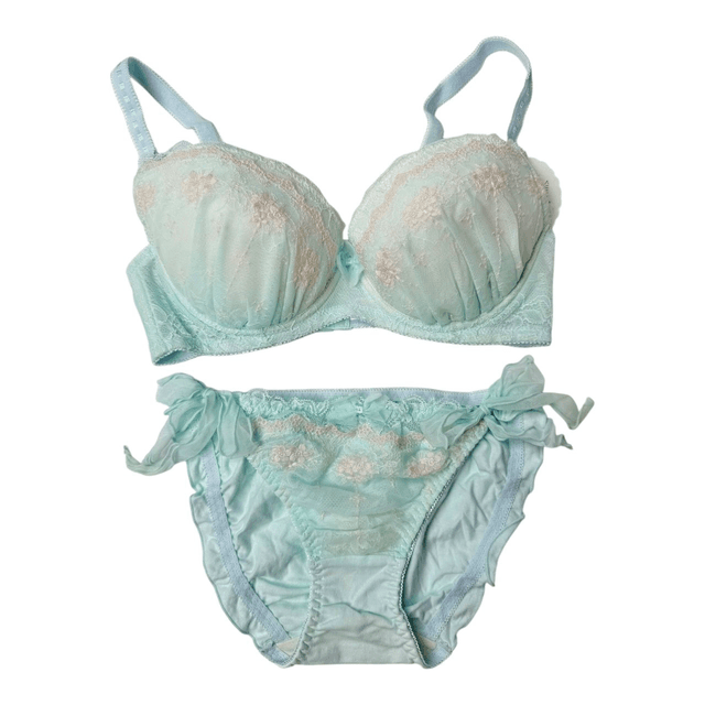 Mint green /  blue Floral Japanese Bra + Underwear Set UK 32DD   (1)
