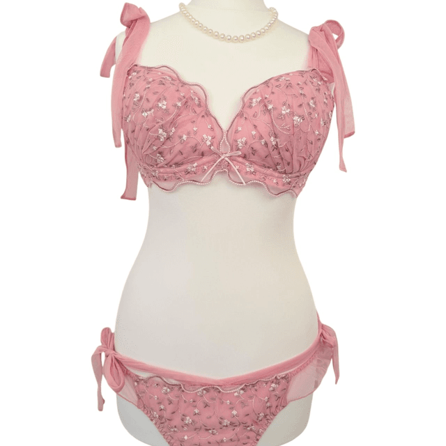 Pink Floral Embroidered Japanese Bra + Underwear Set UK 34C 