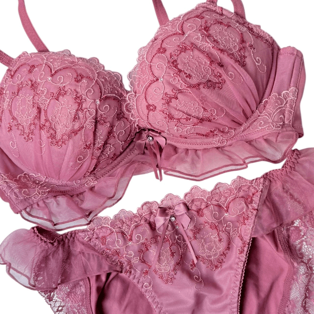 Pink princess Floral Embroidered Japanese Bra + Underwear Set UK 34C   