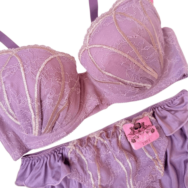 Purple embroidered Japanese Bra + Underwear Set UK 32C  
