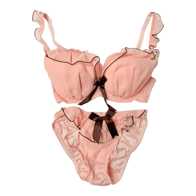 Pink and brown bow tulle Japanese Bra + Underwear Set UK 32D
