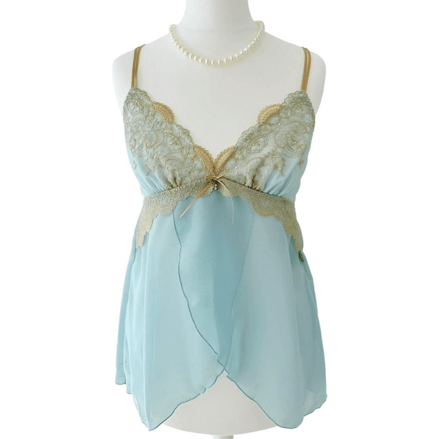 Japanese brand coquette blue and gold lace + floral embroidered cups cami