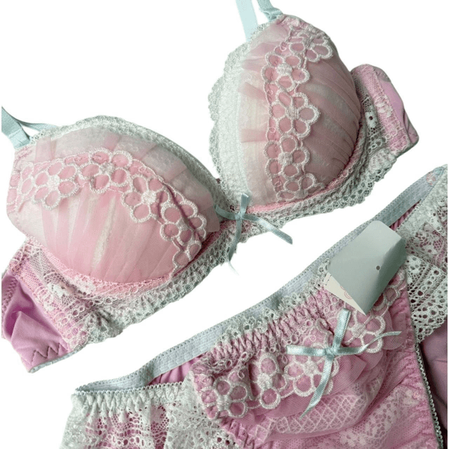 Pink Floral Tulle Japanese Bra + Underwear Set UK 30A 