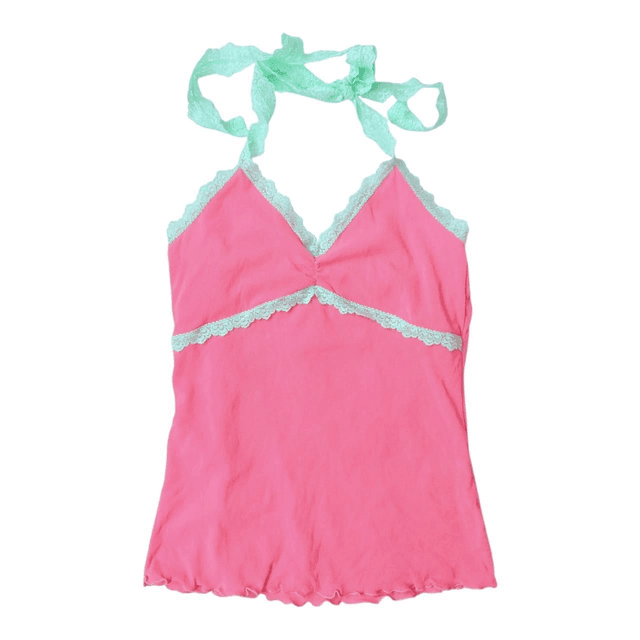 Japanese brand coquette pink and mint green mesh halterneck top 