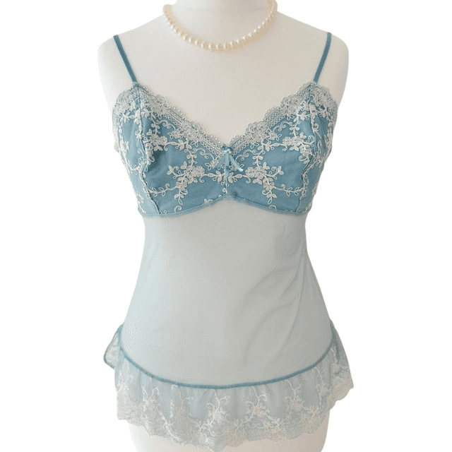 BNWT Japanese brand coquette blue mesh floral embroidered cups cami