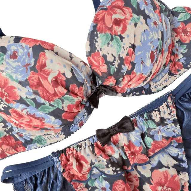 Navy Blue floral Japanese Bra + Underwear Set UK 32A       