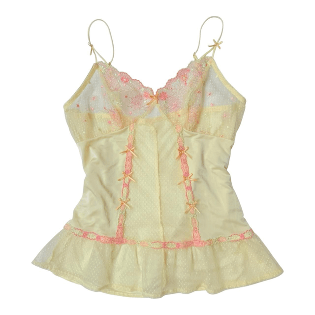 Japanese brand coquette yellow and pink floral sheer embroidered cups cami
