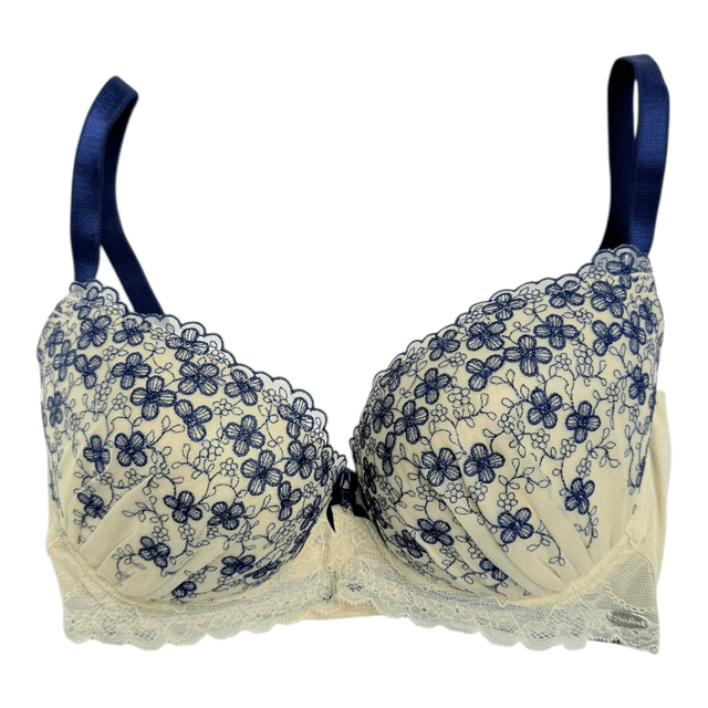 Navy blue + tan Embroidered Japanese Bra UK 32D 
