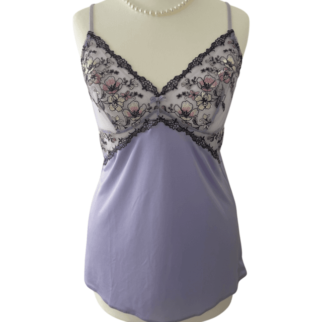 Japanese brand coquette pastel purple lace cups cami with floral embroidery  