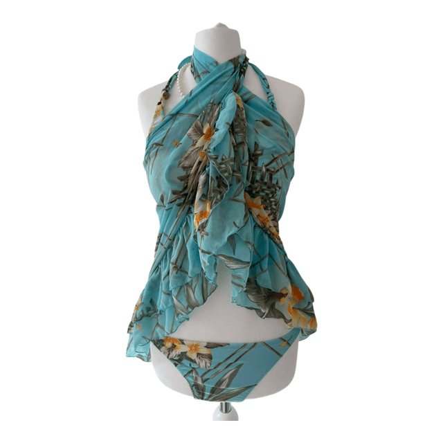 Blue tropical japanese 3 piece bikini set