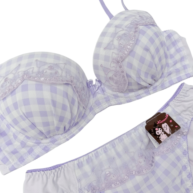 BNWT Japanese brand coquette purple gingham Kuromi sanrio bra and underwear set
