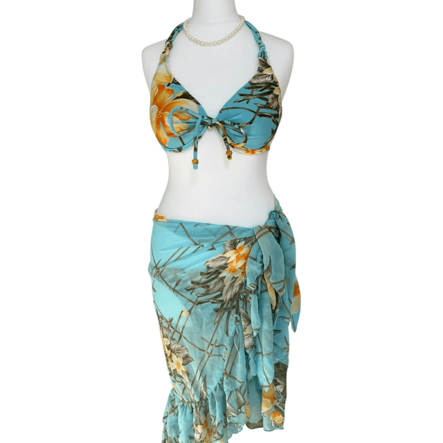 Blue tropical japanese 3 piece bikini set